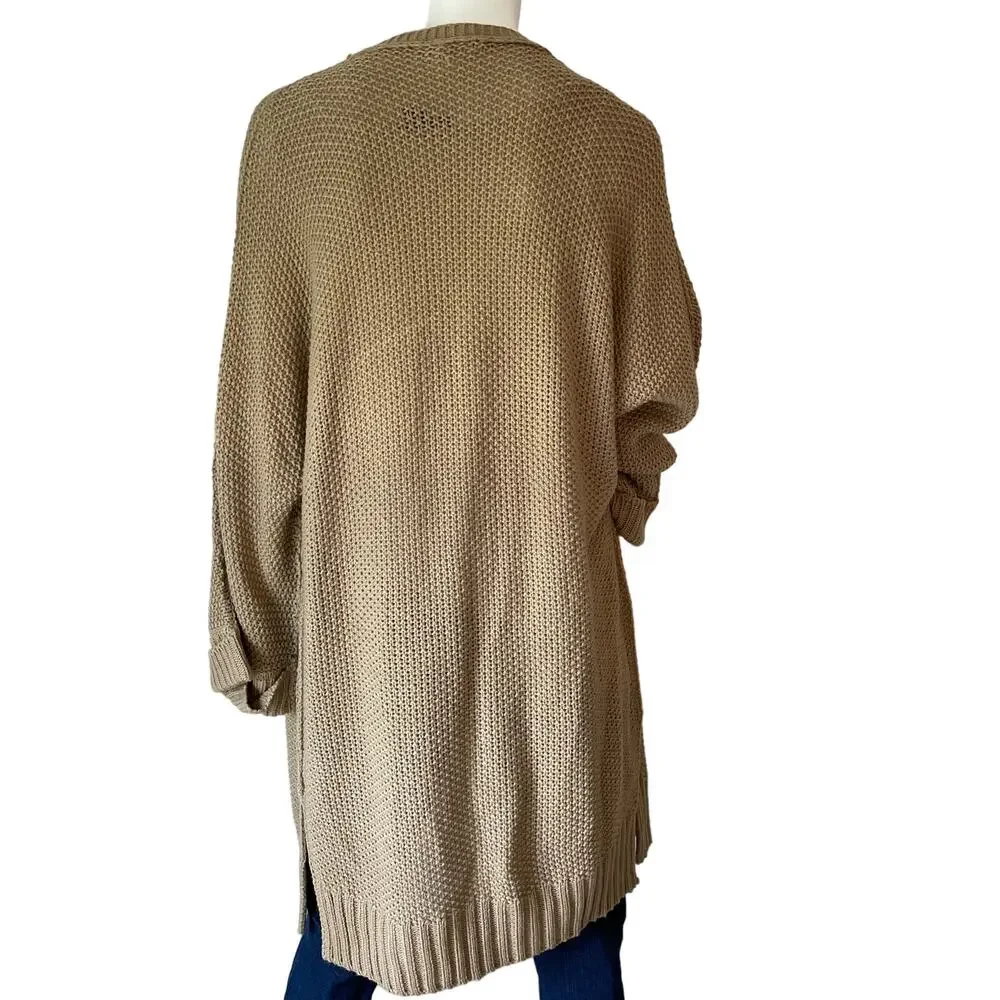NINEXIS Tan Beige Chunky Knit Open Front Longline Cardigan Sweater Womens M - Picture 2 of 9
